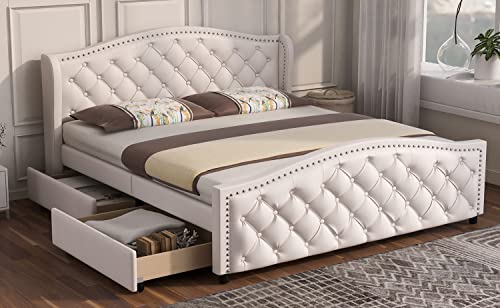 WENCHSH 160x200cm Doppelbett Polsterbett Bett mit Lattenrost, mit 2Stauraum Schubladen und Kopfteil,mit Zugpunktnieten Kunstleder Holzbett Weiß (160x200) von WENCHSH
