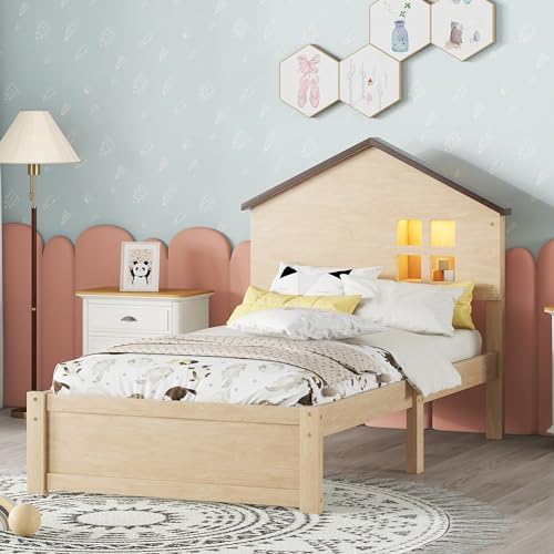 WENCHSH 90 x 200cm Massivholz Kinderbett Einzelbett mit Hausförmiges Kopfteil, flaches Bett, kleine Fensterdekoration,Stauraum unterm Bett Natur Holzfarbe von WENCHSH