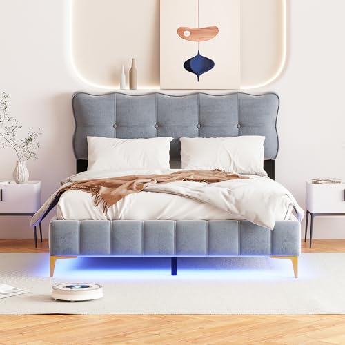 WENCHSH Polsterbett, Jugendbett, Doppelbett 140x200 cm mit LED-Leuchten, Lattenrost, Samt Kopfteil Rückenlehne und Metallfüße Grau von WENCHSH