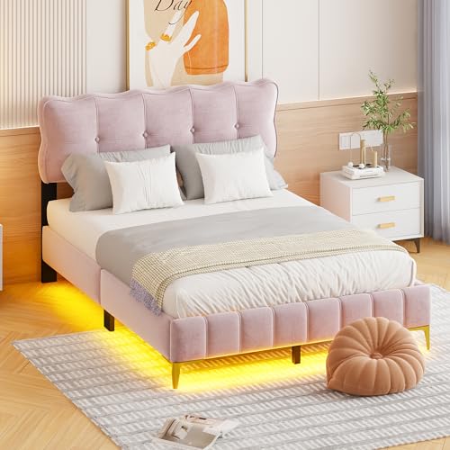 WENCHSH Polsterbett, Jugendbett, Doppelbett 140x200 cm mit LED-Leuchten, Lattenrost, Samt Kopfteil Rückenlehne und Metallfüße Rosa von WENCHSH