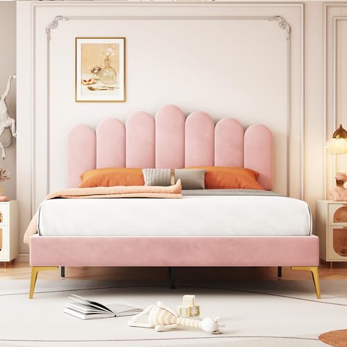 WENCHSH Polsterbett Doppelbett 140 x 200 cm,Bettgestell mit Lattenrost und Verstellbares Kopfteil,Gepolstertes Bett,Jugendbett für Schlafzimmer und Gästezimmer Samt Rosa von WENCHSH