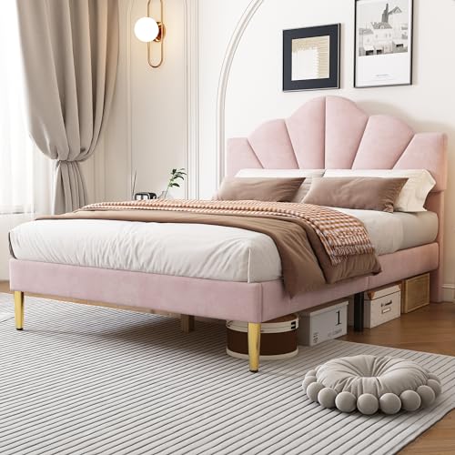 WENCHSH Polsterbett Doppelbett 140x200 cm mit Lattenrost Gepolsteres Bettgestell mit höhenverstellbares Kopfteil, Stauraum unterm Bett für Erwachsene &Jugendliche, Rosa, Samt, Ohne Matratze von WENCHSH