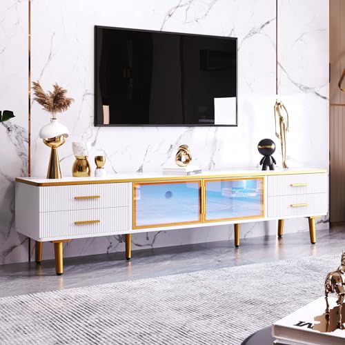 WENCHSH TV-Bänke mit Geschnitzte texturierte Schranktüren,TV Board mit Goldene Griffe und Füße,TV-Schrank,TV-Ständer Tischplatte mit Marmor-Muster, TV-Sideboard Wohnzimmer Weiß von WENCHSH