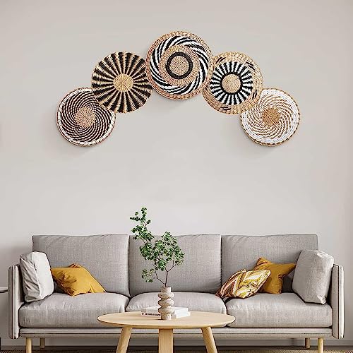 WENCY Wandkorb Deko Set von 5, Boho gewebter Seegras Weidenkorb Rattan Flache Körbe Wandbehang Dekor, handgefertigte afrikanische Wandkörbe Dekor zum Aufhängen von WENCY