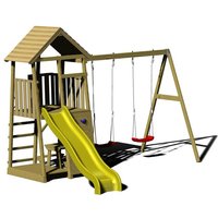 Kinderspielhaus, Kletterturm Giraffe mit Rutsche, Kletterwand, Sitzecke und 2 Schaukeln holz / gelb - Wendi Toys von WENDI TOYS