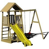 Kinderspielhaus, Kletterturm Pelikan mit Rutsche, Kletterwand, Sitzecke und Schaukel holz / gelb - Wendi Toys von WENDI TOYS