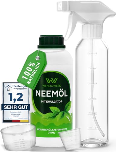 WENDOWERK® Neemöl [250ml] - Inkl. Sprühflasche und Messbecher - Neemöl mit Emulgator zur direkten Anwendung - Niemöl zur natürlichen Pflanzenpflege für Indoor und Outdoor von WENDOWERK