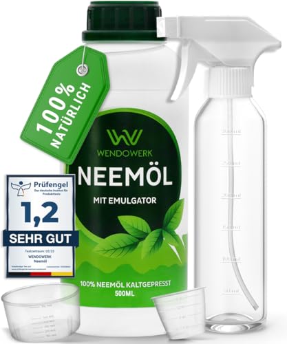 WENDOWERK® Neemöl [500ml] - Inkl. Sprühflasche und Messbecher - Neemöl mit Emulgator zur direkten Anwendung - Niemöl zur natürlichen Pflanzenpflege für Indoor und Outdoor von WENDOWERK