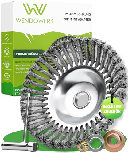 WENDOWERK® Profi Unkrautbürste Freischneider mit 25,4mm Bohrung [2024] - Effektive Unkrautentfernung - Wildkrautbürste für Motorsense Inkl. Installationszubehör - Drahtbürste Freischneider von WENDOWERK