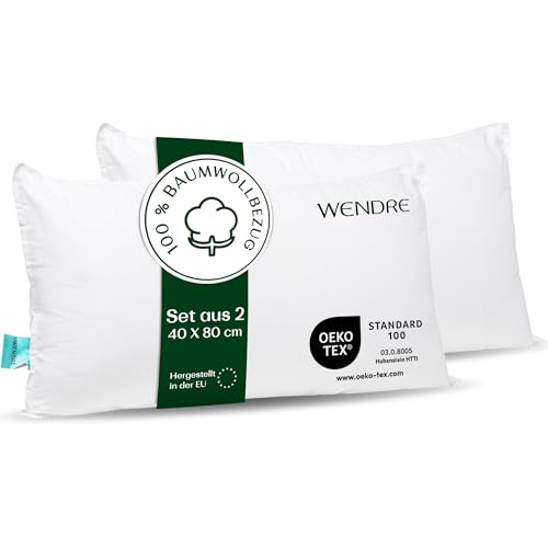 WENDRE Schlaf Atmungsaktives Kissen Set 2er 40x80 cm - Weich, 100% Baumwolle Kissenbezug, Waschbarer - Luxus Bequeme Kopfkissen für das Bett - Langlebige, Hypoallergene Kissen, Oeko-Tex Zertifiziert von WENDRE