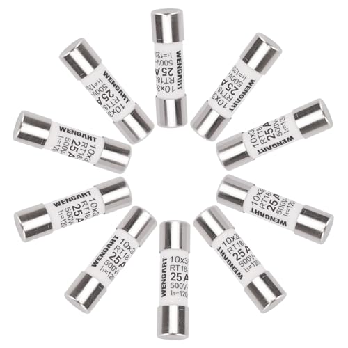 Wengart AC Zylindersicherungseinsatz RT18-32 (RO15), AC500V 25A, 10 Stück, 10x38mm, 120 kA, starkes Schaltvermögen, kann den Stromkreis zuverlässig schützen von WENGART