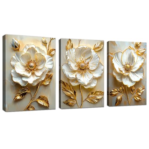 WENGTIAO 3 Pcs Weiße Pfingstrose Blumen Leinwand Bilder Kunstdrucke mit Rahmen Aesthetic Goldene Blätter Weiß Blumen Bild auf Leinwand Wandbilder Wohnzimmer Schlafzimmer Deko 30x40 cmx3 von WENGTIAO