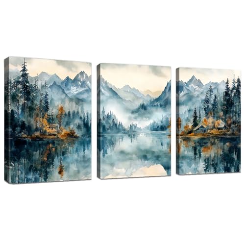 WENGTIAO 3 Pcs Aquarell Berg See Leinwand Bilder Kunstdrucke mit Rahmen - Natur Wald Baum Nebliger Berg Abstrakt Gemälde auf Leinwand Wohnzimmer Schlafzimmer Wanddeko Fertig zum Aufhängen 30x40cm x3 von WENGTIAO