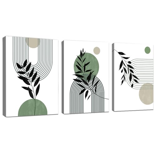 WENGTIAO 3 Stück Boho Grün Abstrakte Leinwand Bilder Kunstdrucke mit Rahmen Botanische Pflanzen Geometrisch Linie Wandbilder auf Leinwand Wohnzimmer Schlafzimmer Wanddeko 30x40 cmx3 von WENGTIAO