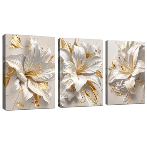 WENGTIAO 3Pcs Weiß Gold Lilien Blumen Leinwand Bilder Kunstdrucke Gerahmtes Bild Aesthetic Weiß Geblümt Malerei Wandbilder auf Leinwand Wohnzimmer Schlafzimmer Wanddeko 40x60 cmx3 von WENGTIAO