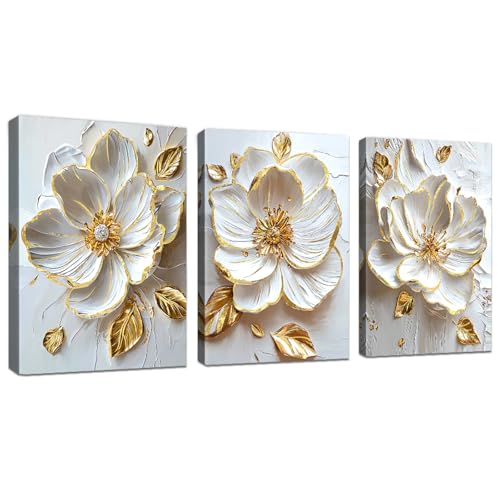 WENGTIAO 3 Pcs Weiß Gold Pfingstrosenblüten Leinwand Bilder Gerahmte Kunstdrucke Bild Aesthetic Weiß Beige Geblümt Malerei auf Leinwand Wandbild Wohnzimmer Schlafzimmer Deko 30x40 cmx3 von WENGTIAO