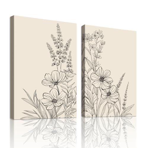 WENGTIAO 2 Stück Minimalistische Blumen Leinwand Bilder Kunstdrucke Gerahmtes Bild Schwarz Beige Abstrakte Geblümt Botanische Bilder auf Leinwand für Modern Wohnzimmer Schlafzimmer Wanddeko 50x70cmx2 von WENGTIAO