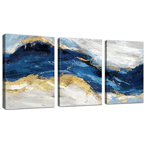 WENGTIAO 3Pcs Abstrakt Minimalistisch Leinwand Bilder Gerahmte Kunstdrucke Bild Marineblau Meereswelle Gold Grau Aesthetic Malerei auf Leinwand Wohnzimmer Schlafzimmer Fertig zum Aufhängen 30x40 cmx3 von WENGTIAO
