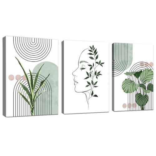 WENGTIAO 3 Stück Boho Grün Abstrakte Leinwand Bilder Aesthetic Kunstdrucke mit Rahmen Botanische Pflanzen Geometrisch Linie Wandbilder auf Leinwand Wohnzimmer Schlafzimmer Wanddeko 40x60 cmx3 von WENGTIAO