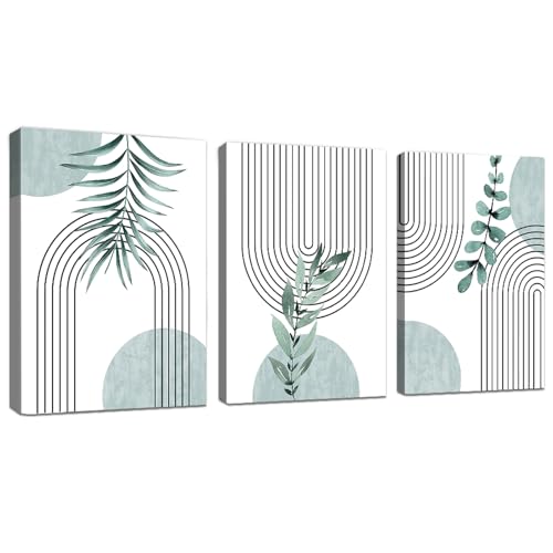 WENGTIAO 3 Stück Boho Grün Abstrakte Leinwand Bilder Kunstdrucke mit Rahmen Salbeigrün Botanische Pflanzen Geometrisch Linie Wandbilder auf Leinwand Wohnzimmer Schlafzimmer Wanddeko 40x60 cmx3 von WENGTIAO