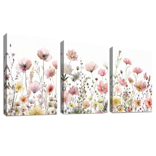 WENGTIAO 3 Stück Bunte Wilde Blumen Leinwand Bilder Kunstdrucke Gerahmtes Bild Rot Rosa und Gelb Geblümt Malerei auf Leinwand für Moderne Wohnzimmer Schlafzimmer Wanddeko 40x60cm x3 von WENGTIAO