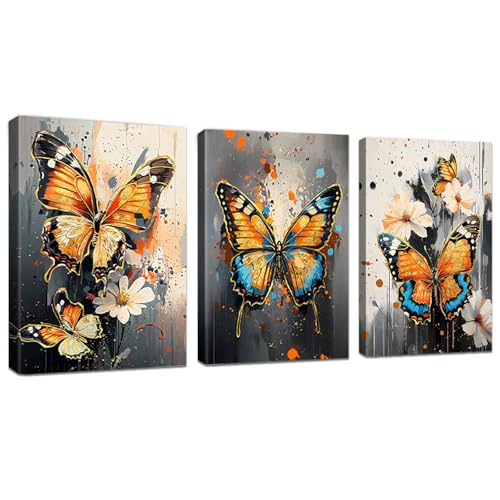 WENGTIAO 3 Pcs Bunte Schmetterlinge Leinwand Bilder Kunstdrucke Gerahmte Bild Aesthetic Vintage Blumen Malerei auf Leinwand Modern Wohnzimmer Schlafzimmer Wanddeko Fertig zum Aufhängen 40x60 cmx3 von WENGTIAO