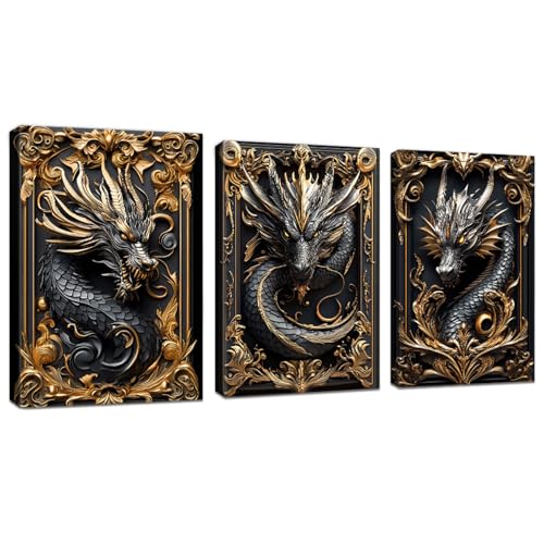 WENGTIAO 3 Pcs Schwarzgold geschnitzter Drache Leinwand Bilder Kunstdrucke Gerahmtes Bild 3D-Tier-Drache Malerei Bild auf Leinwand Wohnzimmer Schlafzimmer Fertig zum Aufhängen 30x40 cmx3 von WENGTIAO