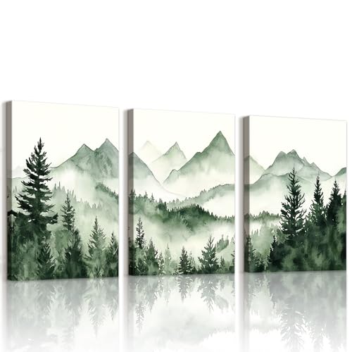 WENGTIAO 3 Stück Aquarell Berg Wald Leinwand Bilder Kunstdrucke Gerahmtes Bild Natur Landschaft Neblige Baum Berg Wandbilder auf Leinwand für Modern Wohnzimmer Schlafzimmer Wanddeko 40x60cmx3 von WENGTIAO