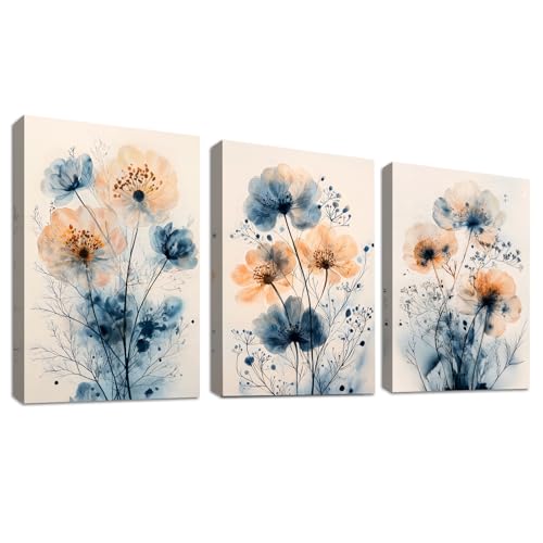 WENGTIAO 3 Stück Aquarell Blau Blumen Leinwand Bilder Kunstdrucke Gerahmtes Bild Moderne Abstrakte Blaue Orange Geblümt Malerei auf Leinwand für Wohnzimmer Schlafzimmer Wanddeko 30x40cm x3 von WENGTIAO