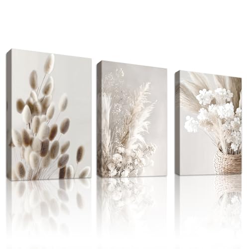 WENGTIAO 3 Stück Beige Schilf Geblümt Leinwand Bilder Kunstdrucke Gerahmtes Bild Boho Aesthetic Minimalistisch Blumen Gemälde auf Leinwand für Moderne Wohnzimmer Schlafzimmer Wanddeko 40x60cmx3 von WENGTIAO