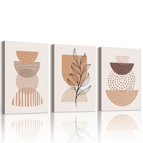 WENGTIAO 3 Stück Boho Abstrakt Geometrisch Leinwand Bilder Kunstdrucke Gerahmtes Bild Beige Braun Minimalistische Pflanzen Wandbilder für Modern Wohnzimmer Schlafzimmer Wanddeko 40x60cmx3 von WENGTIAO