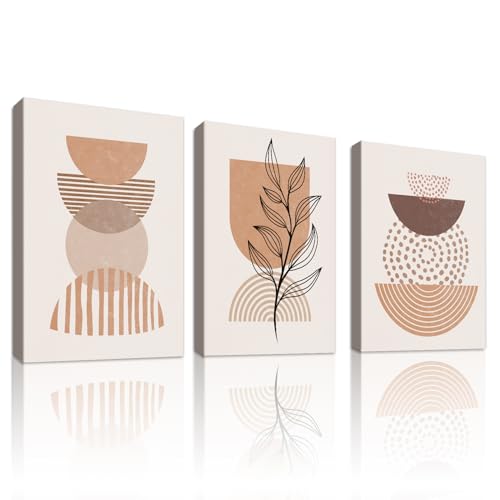 WENGTIAO 3 Stück Boho Abstrakt Geometrisch Leinwand Bilder Kunstdrucke Gerahmtes Bild Beige Braun Minimalistische Pflanzen Wandbilder für Modern Wohnzimmer Schlafzimmer Wanddeko 50x70cmx3 von WENGTIAO