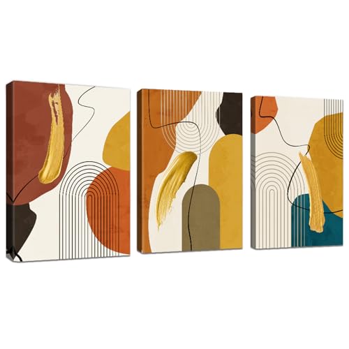 WENGTIAO 3 Stück Boho Abstrakte Leinwand Bilder Kunstdrucke mit Rahmen Braun Gelb Orange Minimalistische Nordische Geometrische Wandbilder auf Leinwand Wohnzimmer Schlafzimmer Wanddeko 40x60 cmx3 von WENGTIAO