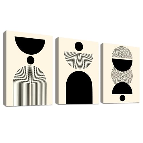 WENGTIAO 3 Stück Boho Abstrakte Leinwand Bilder Kunstdrucke mit Rahmen Schwarz Beige Minimalistische Geometrische Malerei Wandbilder auf Leinwand Wohnzimmer Schlafzimmer Wanddeko 40x60 cmx3 von WENGTIAO