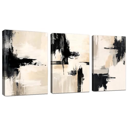 WENGTIAO 3Pcs Abstrakt Minimalistische Leinwand Bilder Gerahmte Kunstdrucke Bild Aesthetic Schwarz Beige Grau Tusche Malerei auf Leinwand Wohnzimmer Schlafzimmer Wanddeko 40x60 cmx3 von WENGTIAO