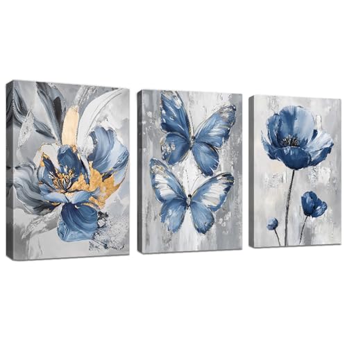 WENGTIAO 3Pcs Blau Schmetterling Blumen Leinwand Bilder Kunstdrucke Gerahmte Bild Aesthetic Abstrakt Geblümt Malerei Wandbilder auf Leinwand Modern Wohnzimmer Schlafzimmer Wanddeko 40x60 cmx3 von WENGTIAO