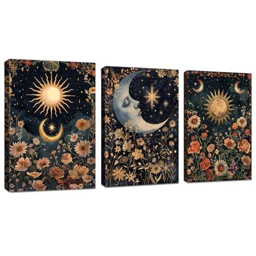 WENGTIAO 3Pcs Islamisch Blumen Leinwand Bilder Kunstdrucke Gerahmtes Bild Muslimisch Sonne Mond Geblümt Malerei Wandbilder auf Leinwand Wohnzimmer Schlafzimmer Wanddeko 30x40 cmx3 von WENGTIAO