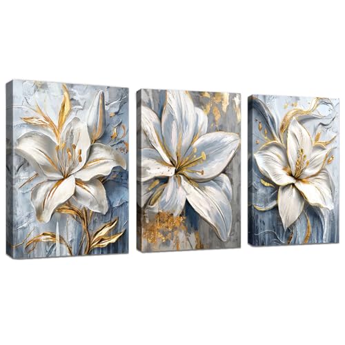 WENGTIAO 3Pcs Weiß Grau Gold Lilien Blumen Leinwand Bilder Kunstdrucke Gerahmtes Bild Aesthetic Minimalistisch Geblümt Malerei Wandbilder auf Leinwand Wohnzimmer Schlafzimmer Wanddeko 40x60 cmx3 von WENGTIAO