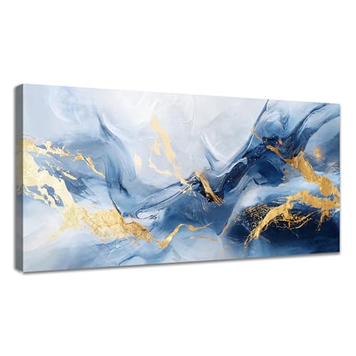 WENGTIAO Abstrakt Groß Leinwand Bilder Kunstdrucke mit Rahmen - Marineblau Weiß Gold Grau Minimalistisch Malerei Bild auf Leinwand Wohnzimmer Schlafzimmer Wanddeko Fertig zum Aufhängen 50x120 cm von WENGTIAO