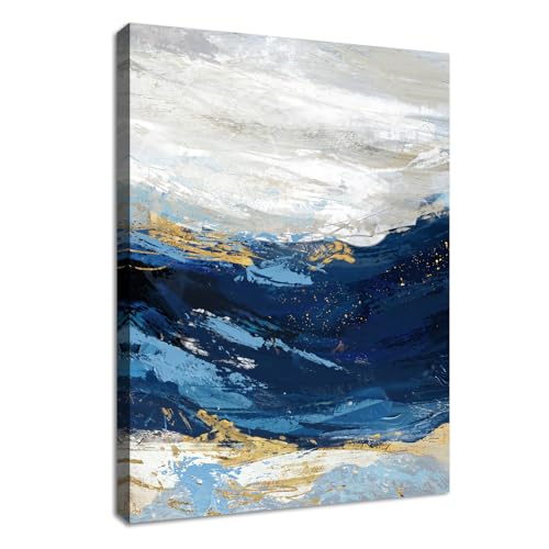 WENGTIAO Abstrakt Minimalistisch Blau Leinwand Bilder Gerahmte Kunstdrucke Bild Marineblau Meereswelle Aesthetic Malerei auf Leinwand Wohnzimmer Schlafzimmer Fertig zum Aufhängen 30x40cm von WENGTIAO