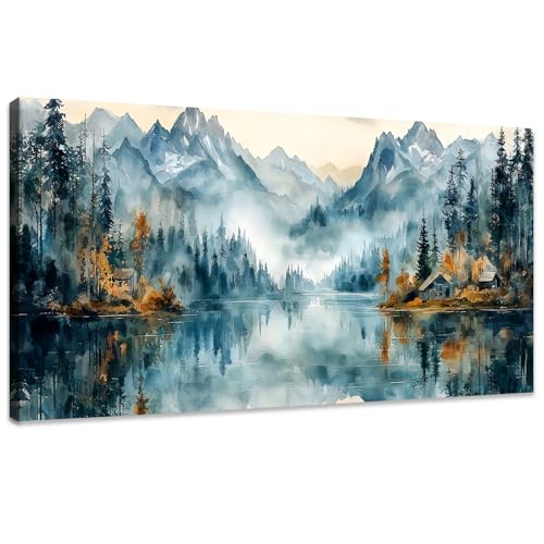 WENGTIAO Aquarell Bergsee Leinwand Bilder Groß Kunstdrucke Gerahmtes Bild Natur Landschaft Wald Baum Nebliger Berg Malerei auf Leinwand Wohnzimmer Schlafzimmer Wanddeko Fertig zum Aufhängen 50x120 cm von WENGTIAO