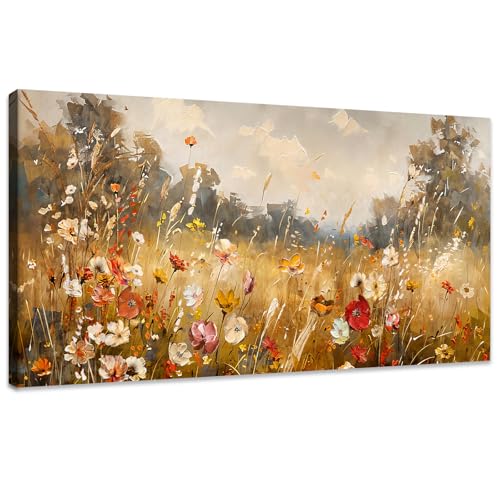 WENGTIAO Bunte Blumen Groß Leinwand Bilder Kunstdrucke Gerahmtes Bild Geblümt Wildblumen Malerei auf Leinwand Wohnzimmer Schlafzimmer Wanddeko Fertig zum Aufhängen 50x120 cm von WENGTIAO