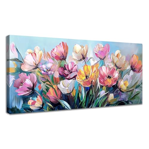 WENGTIAO Bunte Lilien Blume Groß Leinwand Bilder Kunstdrucke Gerahmtes Bild Geblümt Blumen Malerei auf Leinwand Wohnzimmer Schlafzimmer Wanddeko Fertig zum Aufhängen 50x120 cm von WENGTIAO