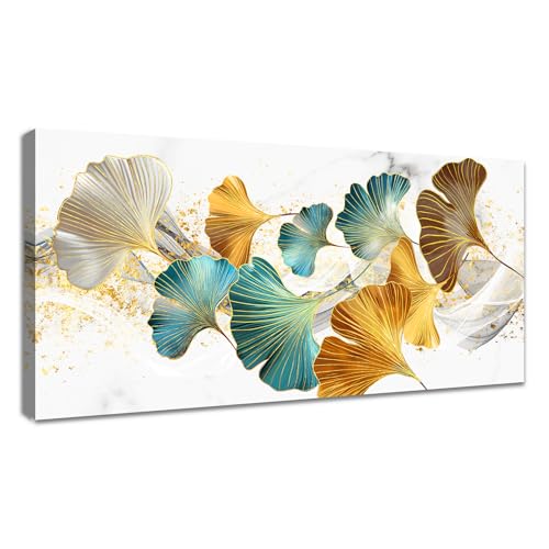 WENGTIAO Ginkgo Blatt Groß Leinwand Bilder Kunstdrucke mit Rahmen - Gelb Gold Grün Botanisches Blumenbild Aesthetic Malerei auf Leinwand Wohnzimmer Schlafzimmer Wanddeko Fertig zum Aufhängen 50x120 cm von WENGTIAO