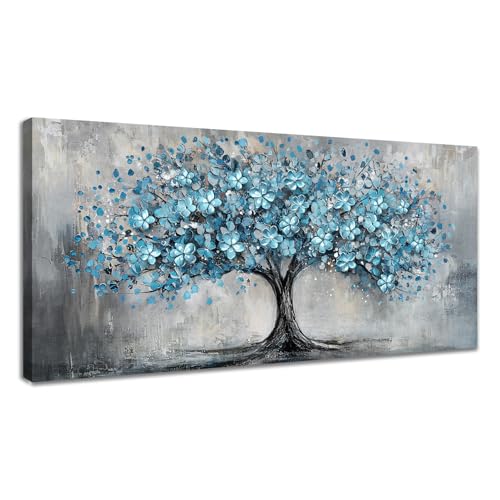 WENGTIAO Lebensbaum Groß Leinwand Bilder Kunstdrucke Gerahmtes Bild - Vintage Blau Geblümt Malerei auf Leinwand Wohnzimmer Schlafzimmer Room Decor Fertig zum Aufhängen 50x120 cm von WENGTIAO