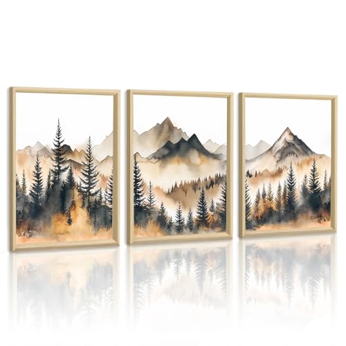WENGTIAO Leinwand Bilder mit Rahmen Aquarell Berg Wald Abstrakte Wandbilder, Natur Landschaft Neblige Berg Baum Bild auf Leinwand Kunstdrucke für Modern Wohnzimmer Schlafzimmer Wanddeko 40x60cmx3 von WENGTIAO