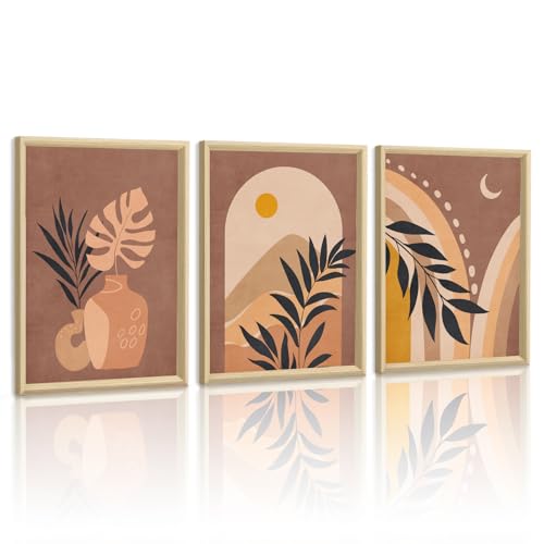WENGTIAO Leinwand Bilder mit Rahmen Boho Abstrakte Geometrische Wandbilder, Braun Beige Minimalistische Bild auf Leinwand für Modern Wohnzimmer Schlafzimmer Treppe Wanddeko 30x40cmx3 von WENGTIAO