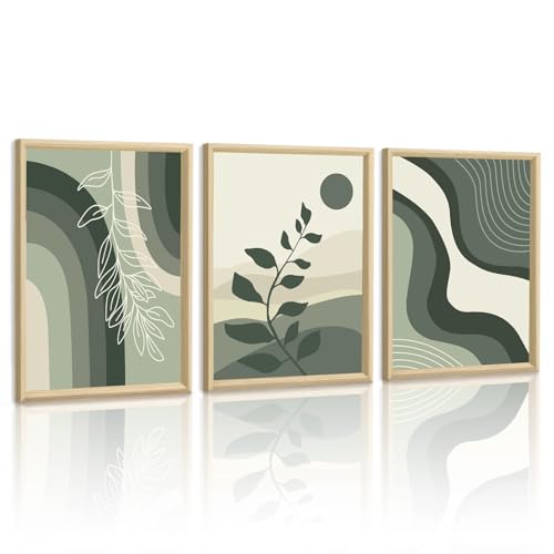 WENGTIAO Leinwand Bilder mit Rahmen Boho Grün Abstrakte Wandbilder, Geometrische Minimalistische Bild auf Leinwand Kunstdrucke für Modern Wohnzimmer Schlafzimmer Treppe Wanddeko 40x60cmx3 von WENGTIAO