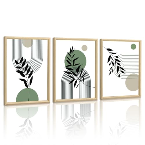 WENGTIAO Leinwand Bilder mit Rahmen Boho Sage Grün Wandbilder, Abstrakte Geometrisch Bild auf Leinwand für Modern Wohnzimmer Schlafzimmer Wanddeko 40x60cmx3 von WENGTIAO