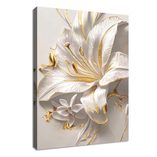 WENGTIAO Weiß Gold Lilien Blumen Leinwand Bilder Kunstdrucke Gerahmtes Bild Aesthetic Weiß Geblümt Malerei Wandbilder auf Leinwand Wohnzimmer Schlafzimmer Wanddeko 30x40 cm von WENGTIAO